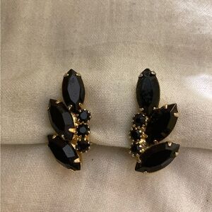 Vintage Black Navette and Round Rhinestones‎ Clip on Earrings